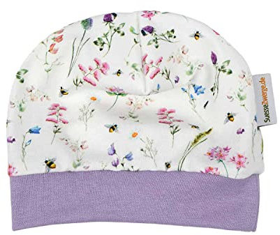 SÜSSE ZWERGE - Mütze Beanie Blumenwiese - creme- Baby Mädchen Frühchen - handmade Geschenk Geburt (KU 49-51 cm, gefüttert mit Baumwolljersey, creme-flieder)