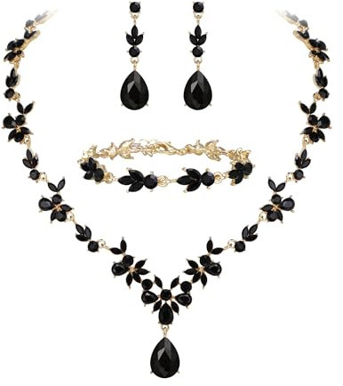 Clearine Hochzeit Schmuckset für Damen Braut Y Halskette Tennis Armband und Ohrringe baumeln Set Kristall Teardrop Marquise Cluster Schmuck für Brautjungfer Schwarz Gold Tone