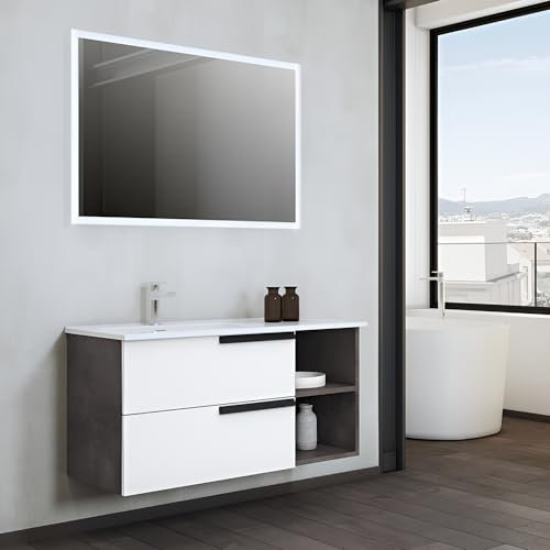 Liberoshopping Mobile bagno sospeso 100 cm con 2 cassetti e lavabo in ceramica DELIA3 Bianco