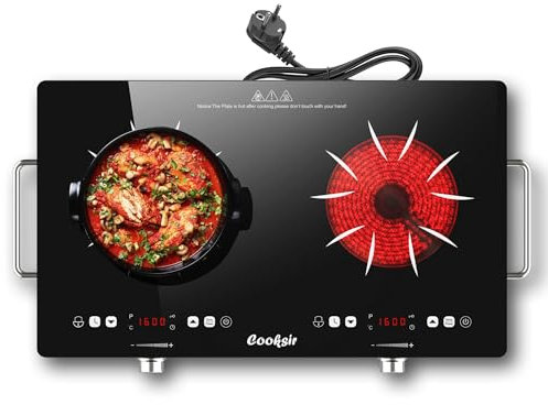 Cooksir Glaskeramikkochfeld 2 Platten mit Stecker, Tragbar Kochfeld, Touch/Knopf-Bedienelemente, 3200W, 56cm, Infrarot-Wärme, Voreingestellte Leistung, Glaskeramik Kochplatte, Kochfelder 2er