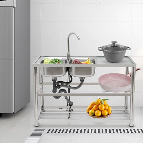 LKHDONG Fregadero de cocina independiente de acero inoxidable, doble lavabo, 120 x 80 cm, incluye grifo y accesorios