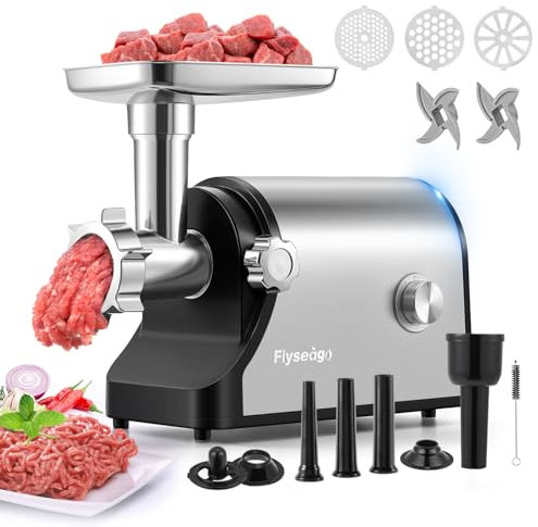 Flyseago - Electric Meat Grinder 3200W Heavy Duty Commercial Meat Grinder Sausage Stuffer Kubbe Kit with 2 Cutting Blades, 3 Grinding Plates, 3 Sausage Tubes,
