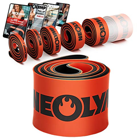 NEOLYMP Resistance Bands aus doppelbeschichtetem Naturlatex mit Fitness E-Book - Lange Fitnessbänder für Krafttraining, Widerstandsbänder, Klimmzugbänder (extrem stark, X-Heavy (64-116 KG)