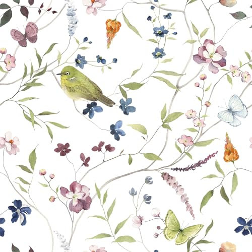CHDITB Flower Wallpaper Self Adhesive,Birds Floral Wallpaper,Vintage Bedroom Wall Paper Botanical(44x300cm) Leaf Floral Butterfly Stickers,Wildflower Wall Stickers for Living Room Kitchen Furniture