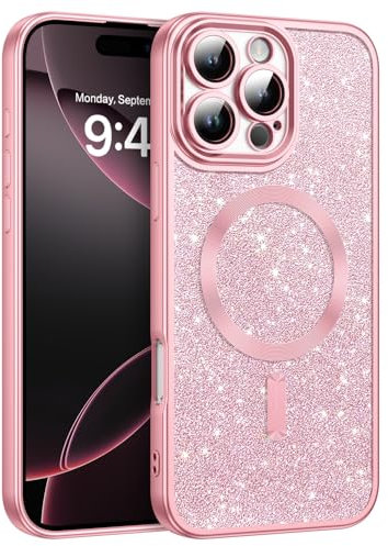 GaoBao for iPhone 16 Pro Max Case,[Compatible with MagSafe] Sparkle Glitter Luxury Clear Phone Cover Women Girls Cute Bling Slim Fit Shockproof Protective Case for iPhone 16 Pro Max,6.9 Inch,Pink,2024