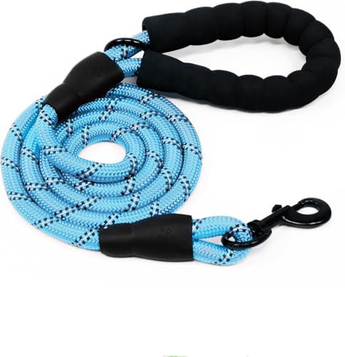 Heavy Duty Rope Dog Lead 5FT - Durable Anti-Slip Leash with Soft Padded Handle, Reflective Nylon Training Lead for Walking, Running, and Obedience – for Small, Medium & Large Dogs (Aqua Blue, Large)