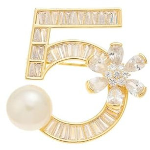Broche porte-bonheur en forme de chiffre 5 avec fleur et perle, Métal Zinc Acrylique