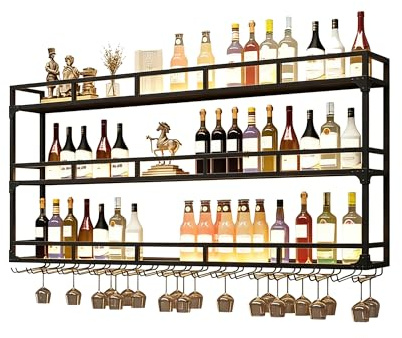 JOSIAHCQ Weinregal Wand Metall Flaschenregal Wine Rack Bar Regal Wand Weinschrank Hausbar Schmal Barschrank mit Weinglashalter Weinständer Getränke Regal für Bartheke Wohnzimmer Küche(Nero,100cm(39.3