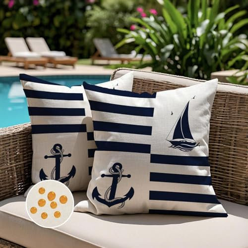 Jayusaror Kissenbezug Outdoor 50x50 Wetterfest Blau Kissenhülle Maritim Anker Segelboot Sommer Kopfkissenbezug Kissenbezüge Nautisch Kissen Zierkissenbezüge für Sofa Wohnzimmer Garten Deko，2er Set