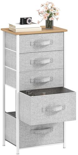 DWVO Kommode mit 5 Schubladen, langlebiger Stoff, Robustes Metallgestell, Schrank aus Stoff mit Griffen, ideal für Schlafzimmer, Wohnzimmer, Flur, Kinderzimmer, Hellgrau