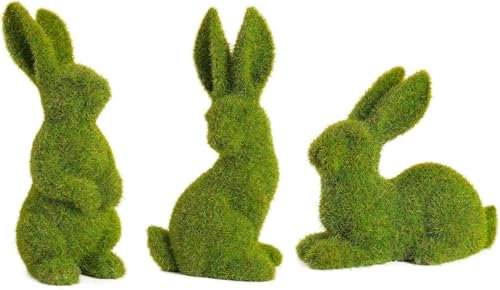 3PCS Künstliche Dekoration Osterhase, Grün Deko Hase mit Fell in Moosoptik, Beflockter Hase,Wir nehmen das zierstück,Tiermodell, Osterdekoration, Osterdeko Figuren, Tischdekoration, Easter Decoration