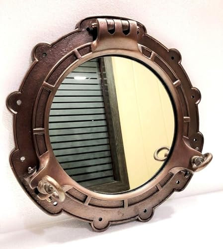 Espejo redondo pesado de 15 pulgadas para ventana de barco, barco, espejo decorativo de pared (marrón antiguo)
