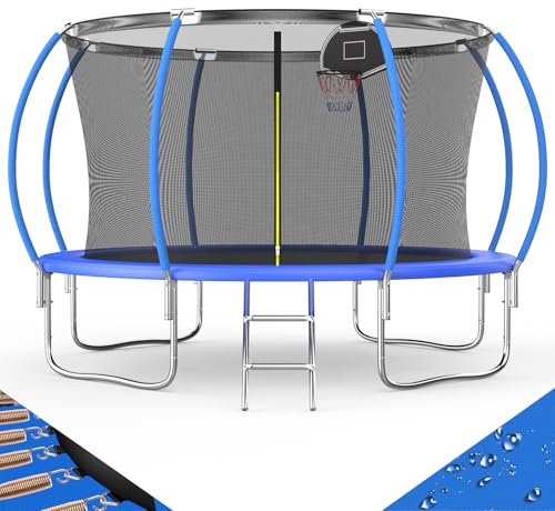 Trampolin Outdoor, Rundes Gartentrampolin für Kinder mit Netz, Leiter, Basketballkorb, Verstärktes Belastbarkeit 200-270kg Kürbis-Design Anti-Rust Frame (Blau, 366cm)
