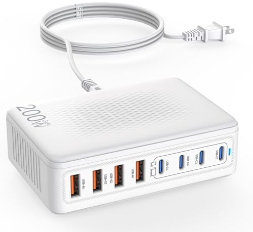 Bloque de carga USB C, 200 W GaN 8 puertos USB C, estación de carga USB C, cubo tipo C y cargador de pared USB A, adaptador de corriente para múltiples dispositivos, Apple iPhone 16/15/14, Steam Deck