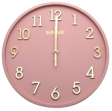 SUNLUX Orologio da parete rotondo, Diametro 28cm, Rosa antico, Numeri e lancette Oro