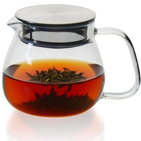 Glass Teapot Coffee Pot, 460ml Tea Pot with Round Shape, Glass Teapot with Strainer, Hand Crafted Loose Tea Infuser, Coffee Jug with Stainless Steel Filter Lid