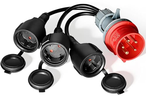 CEE Adapter Starkstrom Verteiler 400V 16A auf 230VX3X1.5mm² Kupplung Verlängerungskabel, 0.5m Verlängerungskabel mit Klappdeckel & Schutzkontaktsteck für Caravan, Industrie, Außenbereich