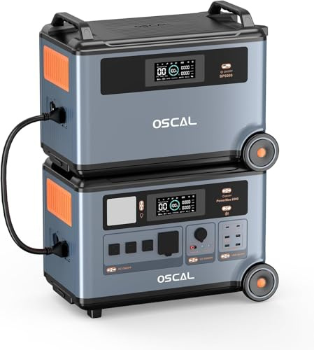 OSCAL 6000W/3600Wh Solargenerator PowerMax 6000 mit BP3600 Erweiterungsakku, Tragbare Powerstation, LiFePO4-Akku, Vollladung in 1,96 Std, USV, Mobiler Stromspeicher für Camping, Stromausfall