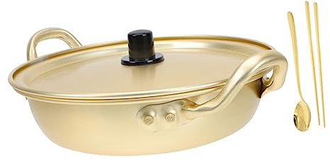 Alipis Ramen Cooking Pot Set 18cm Thick Yellow Aluminum Instant Noodles Stock Pot with Lid Spoon and Chopsticks for Household Kitchen