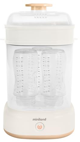 Miniland Esterilizador Biberones a Vapor, Hasta 5 Botellas - Mini Steamy | Para chupetes, Para tetinas, Uso desde 0 meses, Limpieza en lavavajillas, Compatible con accesorios de chupetes, Sin Químicos