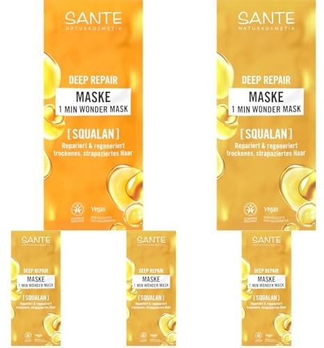 SANTE Naturkosmetik Deep Repair 1 Min Wonder Mask, für Trockenes & Strapaziertes Haar, mit Squalan & 3-Fach Protein Komplex, repariert & schützt vor Haarbruch & Spliss, vegan, 20ml (Packung mit 5)