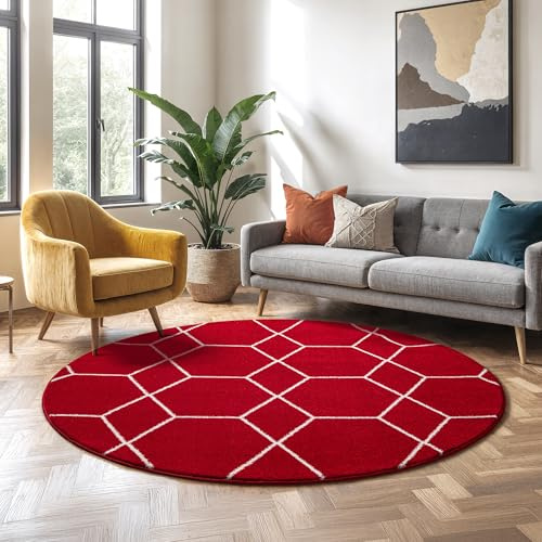 SANAT Wohnzimmerteppich – Pflegeleicht, für jeden Raum geeignet – Öko-Tex zertifizierter Flächenteppich – Trellis Muster, Rot, 150 cm Rund