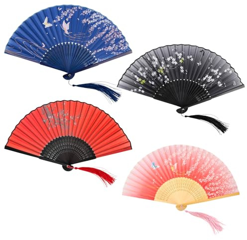 4 PCS Vintage Folding Hand Fans, Chinese Silk & Bamboo Hand Fan Folding, Portable Fold-ing Fan with Tassel for Wedding Decoration, Party, Cosplay and Gifts
