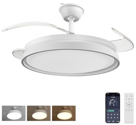 Deckenventilator mit Beleuchtung 70W, Bluetooth & Fernbedienung, Ø107cm, 6 Geschwindigkeiten, Ausziehbare Flügel, 3 Lichtfarben, Sommer-Winter-Modus, 6600 LM, Modern Weiß für Wohnzimmer Schlafzimmer