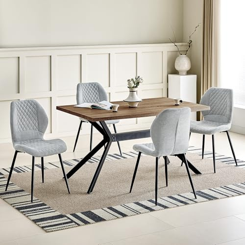 JIJIAN Essgruppen mit Dunkelbraun Holz Esstisch und 4 Grauer Stühle | Rechteckiger Esstisch in 140 x 80 x 76 cm mit 4 Ergonomischer Design Leinen Esszimmerstühle, für Esszimmer, Küche, Wohnzimmer
