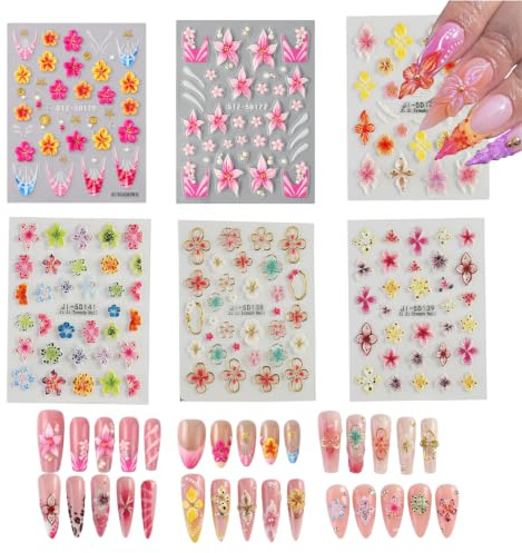 Nagelsticker Selbstklebend 6 Bögen 5D Geprägte Blumen, Tropischer Hibiskus & Lilien Frühlings Sommer Nagelaufkleber Für DIY Nageldesign Zubehör