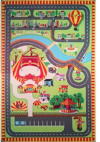 TAPITOM® | Zirkus Kinderteppich - 130 x 200 cm | Straßenspielmatte mit Zirkus | Zirkuswelt Kinderzimmermatte | rutschfest, Saum | CE-Normen