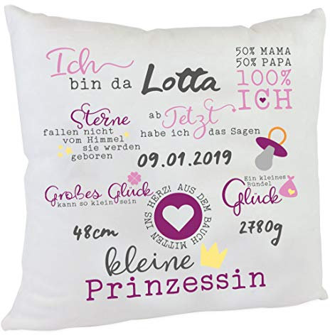 Personalisiertes Namenskissen Spruch zur Geburt oder Taufe Mädchen Kissen Geschenk Kuschelkissen Babykissen Farbe rosa