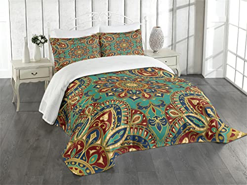 ABAKUHAUS Mandala Tagesdecke Set, Arabesque Oriental, Set mit Kissenbezug Romantischer Stil, für Einzelbetten 170 x 220 cm, Grün Blau Rot