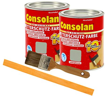 Consolan Wetterschutzfarbe deckend / 2x 0,75L / Holzschutzfarbe Holzfarbe bis zu 10 Jahre wetterbeständig für Holz und Zink Außen inkl. Pinsel & Rührstab (grau 202)