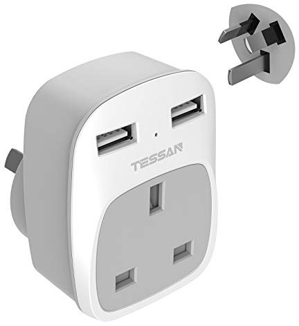 UK to Australia Plug Adapter with 2 USB Ports, TESSAN China AU AUS NZ Outlet Travel Adapter, 3 in 1 Grounded Power Adaptor for UK to Australian New Zealand Fiji Argentina and more (Type I)