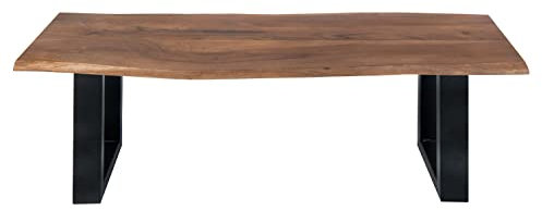 SAM Sitzbank 120x42 cm Quintus, Akazien-Holz nussbaumfarben, schwarz lackierte Metallbeine, Bank mit echter Baumkante, Massive Holzbank