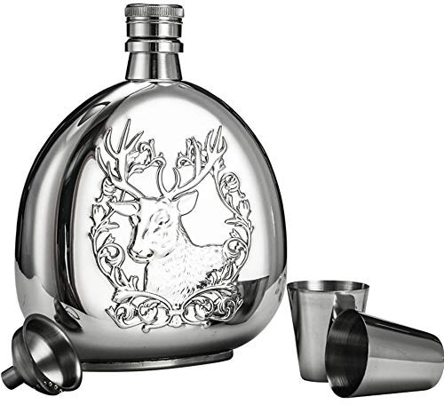 Edelstahl 6oz Flachmann mit Trichter und Schnapsglas Gravur Hirschmuster Geschenkset für Männer und Frauen
