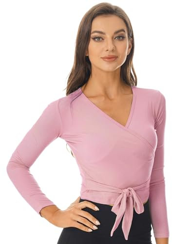 ranrann Damen Tanzjacke Ballett Oberteil Tanztop Wickeljacke Strickjacke Bolero Langarm Cardigan Ballettjacke Training Tanz Outfits Rosa S