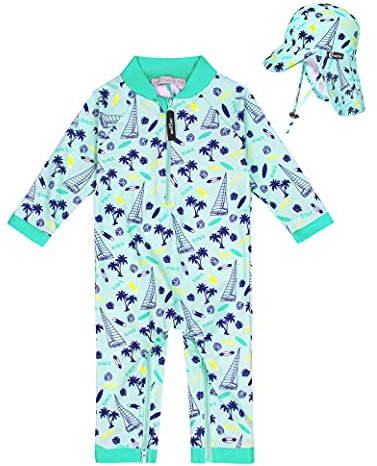 weVSwe Baby Bademode UPF 50+ Schutz Junge Badeanzüge Schrittreißverschluss Langarm mit Sommer Sonnenhut Grünes Surfbrett 12-18 Monate