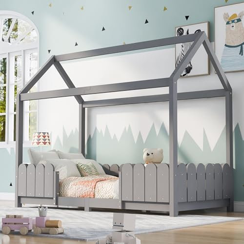 HESHU Hausbett 90x200 cm - vielseitiges Holz Kinderbett für Jungen & Mädchen - Mit Rausfallschutz und Lattenrost