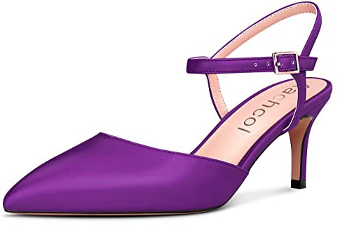 Aachcol Donna Spillo Medio Gattini Tacco Heel Pumps Cinturino alla Caviglia Slingback a Punta Dress Scarpe Ufficio Feste da Matrimonio Raso Viola 6.5 CM 39 EU