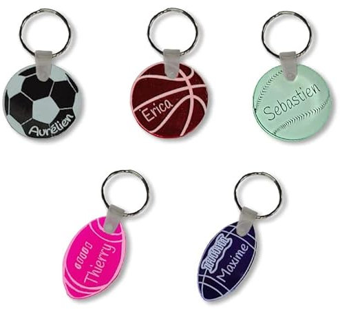 Porte-clés sportif gravure texte personnalisé, 5 formes disponibles (Foot, basket, tennis, rugby et football américain) et coloris au choix (Noir, bleu, rouge, transparent et rose)