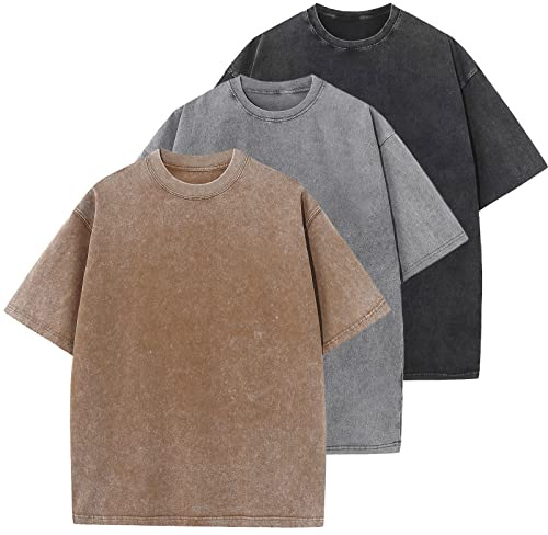 3 Pcs Oversized Heavy Cotton Summer T-Shirts Vintage Unisex Short Sleeves Casual Loose Basic Tops(A-Coffee+Grey+Black XL)