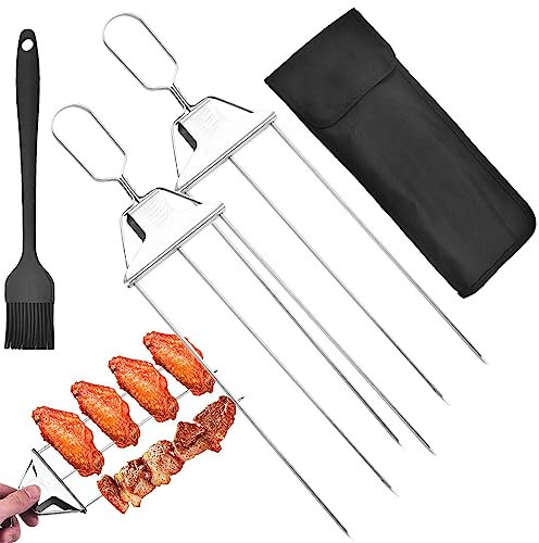 Kebab Spieße 3-Wege | Grillspieße Edelstahl | 2023 Neues Grillzubehör Grill Spieße mit Aufbewahrungsbeuteln | Wiederverwendbare Halbautomatische Kebab Adana Spieße für Grillabende im Freien