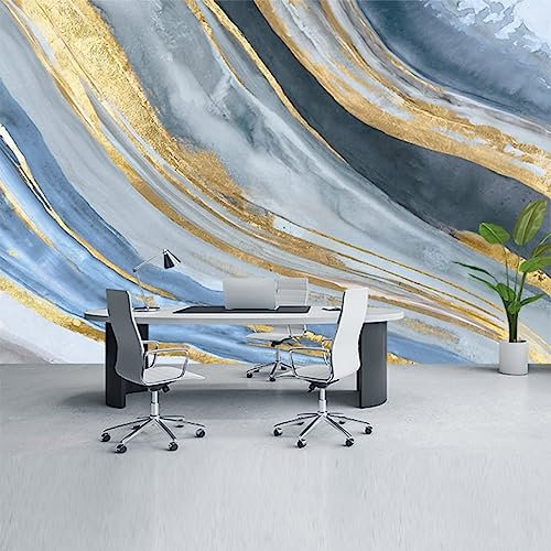 GIVLWF Papier Peint Panoramique de Marbre De Ligne De Couleur Moderne, Or Bleu Gris Noir Lignes Poster Murale Intissé - pour Chambre Salon Décoration Murale - 300 x 210 cm