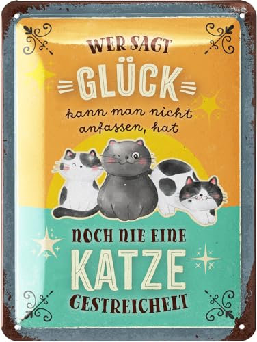 LANOLU Retro Blechschild KATZE Spruch - Wer sagt Glück - vintage Metallschilder mit Sprüchen als Wanddeko für Küche und Garten - Shabby Chic Deko Farmhouse, Katzen Deko, 15x20cm