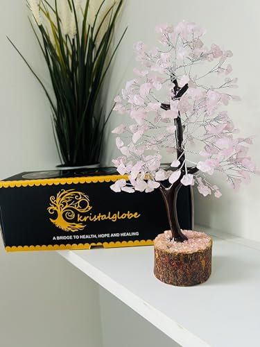 KRISTALGLOBE Rose Quartz Crystal Tree of Life 300 Beads – Handmade Gemstone Bonsai for Love & Healing – Silver Wire Decorative Tree for Heart Chakra Reiki Spiritual Gift for Women & Home Decor