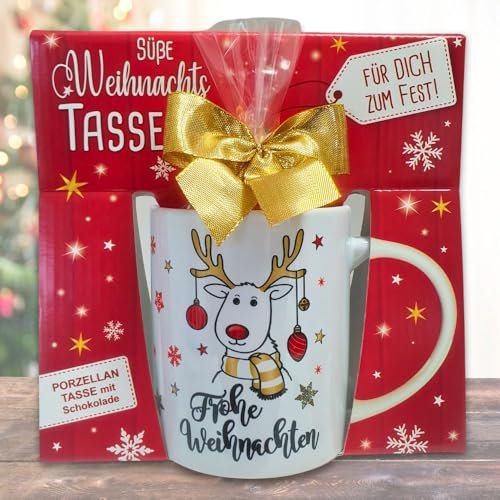 AV Andrea Verlag Süße Weihnachtstasse - Rentier - Kaffeetasse Tasse und Schokolade mit Geschenkverpackung zu Weihnachten | Beidseitig Gold Bunt Bedruckt