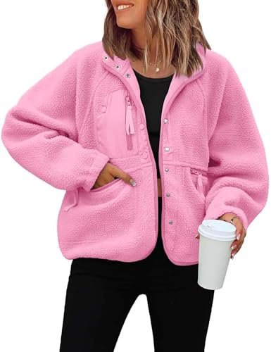 Vimyig Veste courte légère en polaire pelucheuse pour femme, veste d'hiver chaude en sherpa avec poches