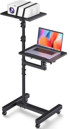 Facilife Supporto per proiettore a 2 ripiani, carrello mobile per laptop su ruote, treppiede per proiettore regolabile in altezza da 45 a 64 pollici, tavolo da letto con ruote, supporto da pavimento